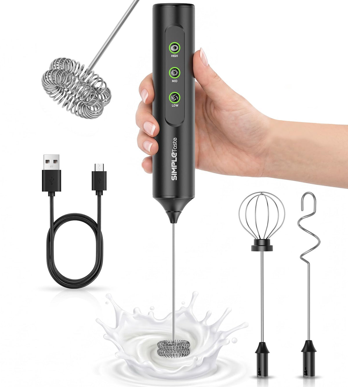 SIMPLETASTE Rechargeable Handheld Milk Frother Wand with Stand