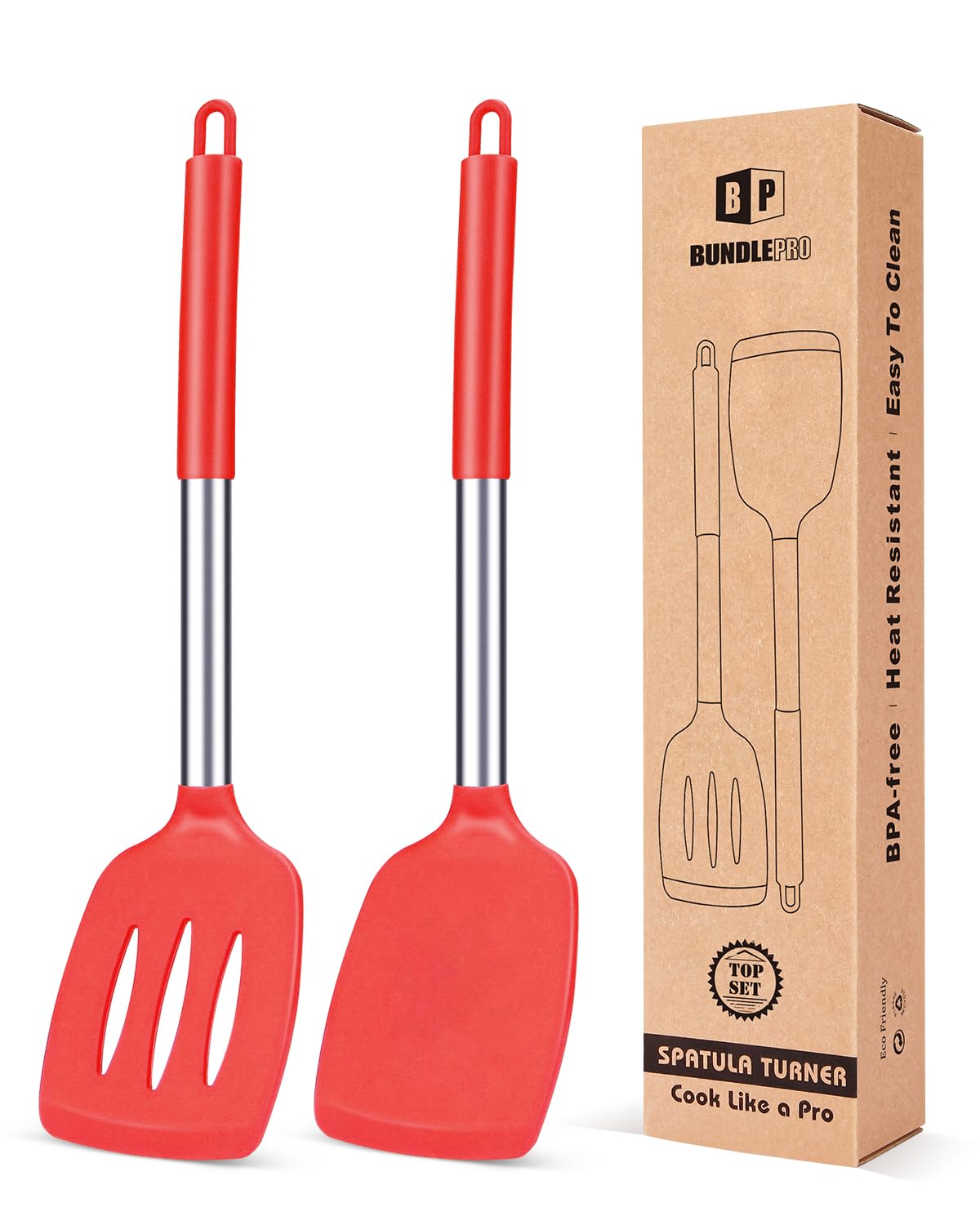 Pack of 2 Silicone Solid Turner, Non Stick Slotted Kitchen Spatulas, High Heat Resistant BPA Free Cooking Utensils, Ideal Cookware for Fish, Eggs, Pancakes(Stainless Steel Khaki)