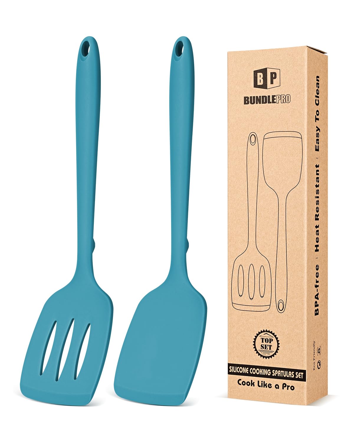 BUNDLEPRO Silicone Spatula, Solid & Slotted Turner, One-Piece, 2 Pack,Khaki