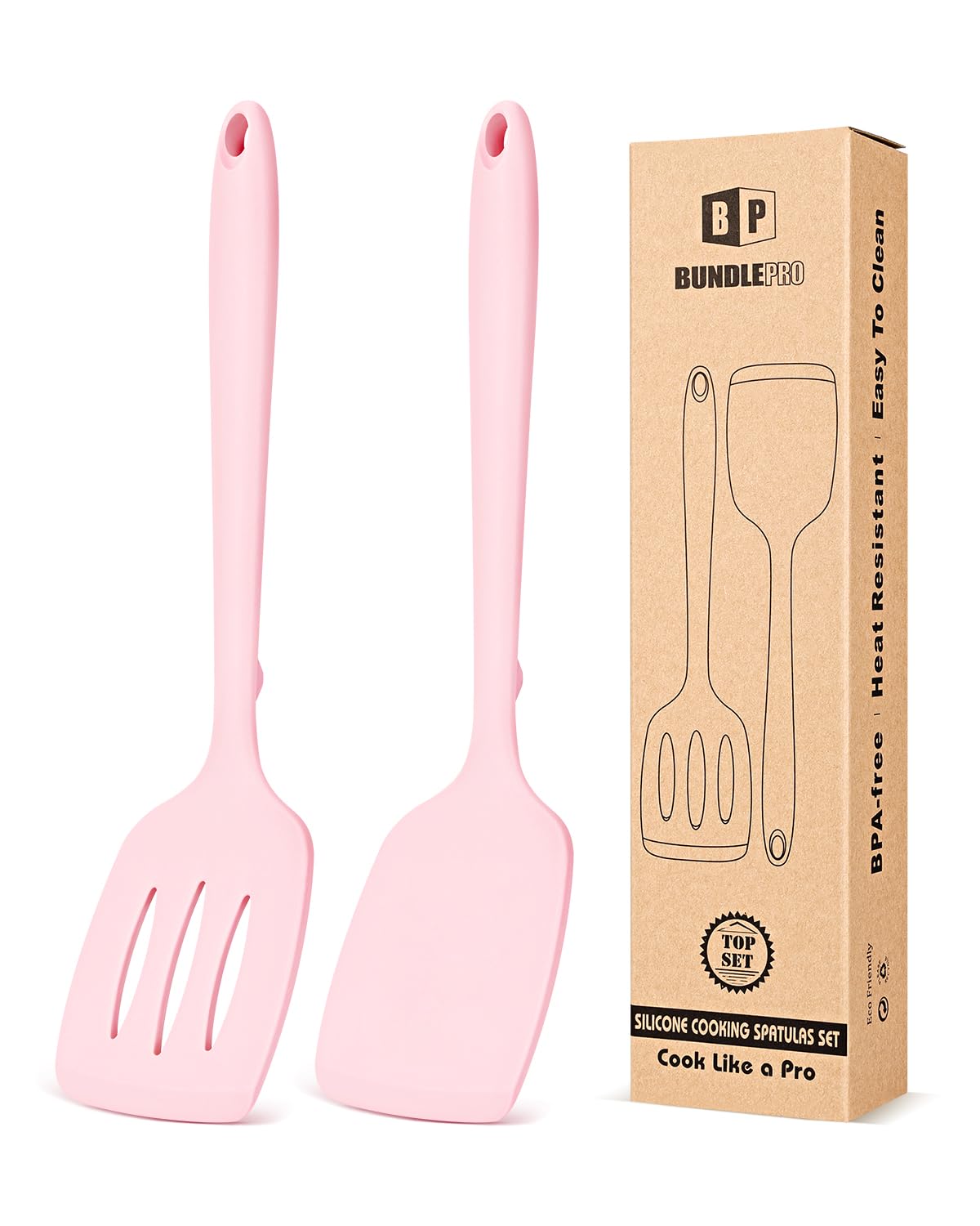 BUNDLEPRO Silicone Spatula, Solid & Slotted Turner, One-Piece, 2 Pack,Khaki