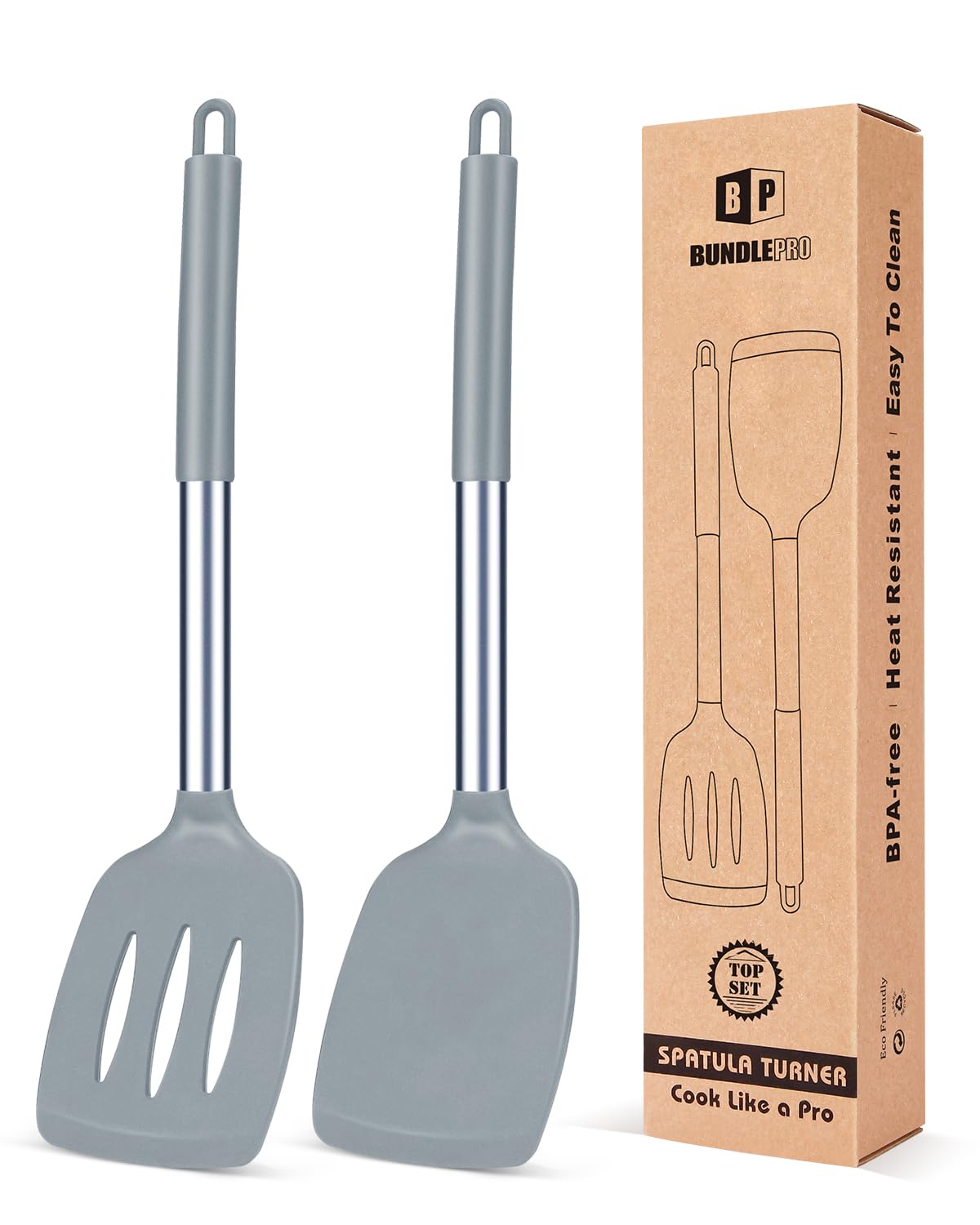 Pack of 2 Silicone Solid Turner, Non Stick Slotted Kitchen Spatulas, High Heat Resistant BPA Free Cooking Utensils, Ideal Cookware for Fish, Eggs, Pancakes(Green)