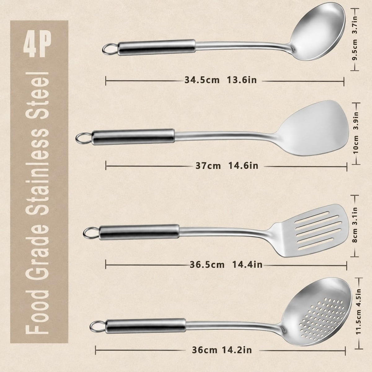 Pleafind Cooking Utensils Set - 4 Pcs Stainless Steel Kitchen Utensils Set with Solid Turner, Slotted Turner, Serving Ladle, Slotted Spoon, Wok Utensils Set with Heat Resistant Handle, Dishwasher Safe