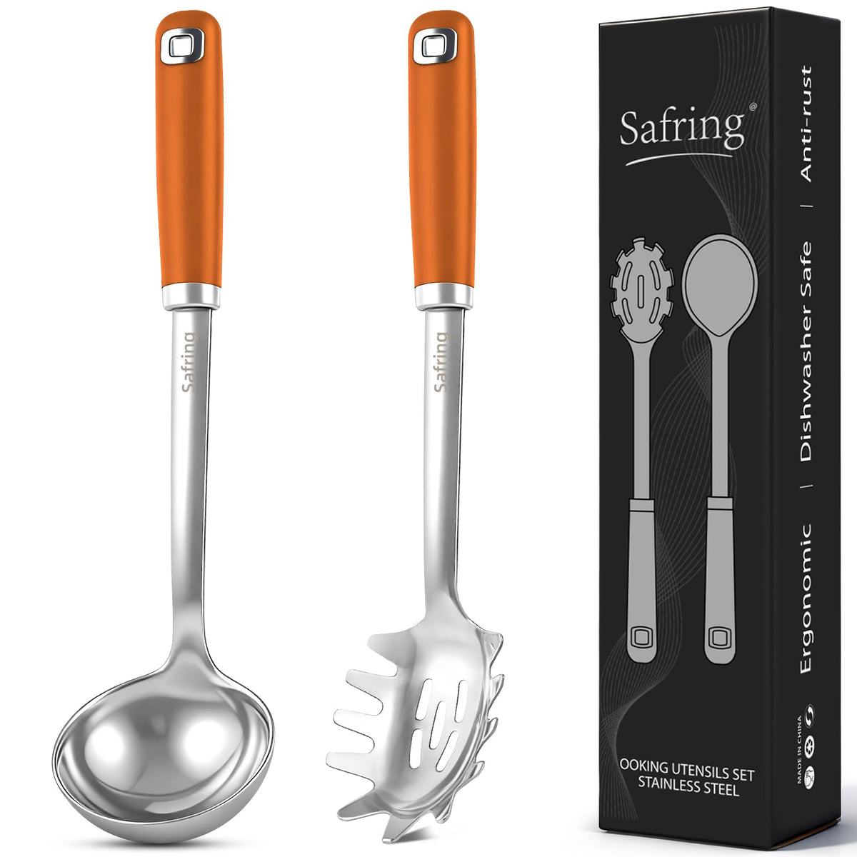 Safring Stainless Steel Soup Ladle and Spaghetti Spoon Set, Heat Resistant Rubber Handle, Dishwasher Safe, Kitchen Utensils for Cooking, Stirring, Serving Pasta, Soup & Sauce