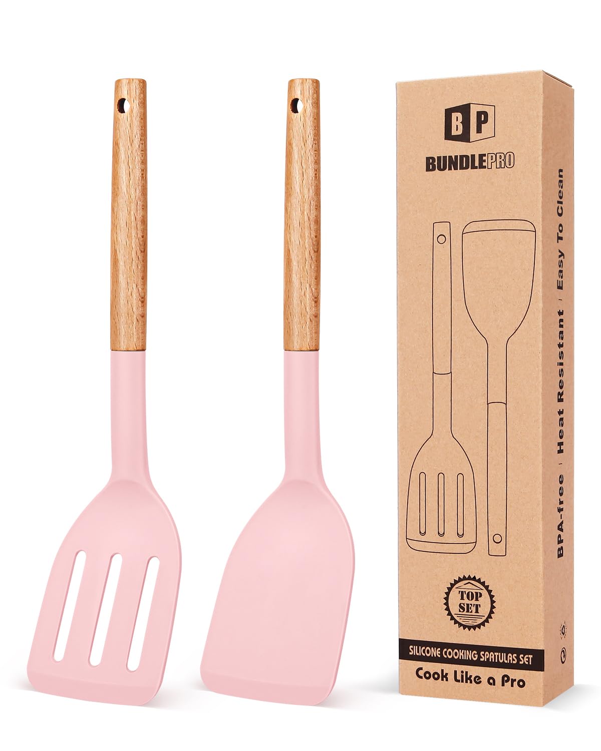 BUNDLEPRO Silicone Spatula, Solid & Slotted Turner, BPA-Free, 2 Pack, Khaki
