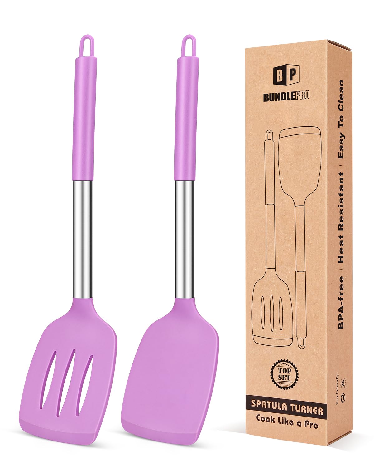 Pack of 2 Silicone Solid Turner, Non Stick Slotted Kitchen Spatulas, High Heat Resistant BPA Free Cooking Utensils, Ideal Cookware for Fish, Eggs, Pancakes(Stainless Steel Khaki)