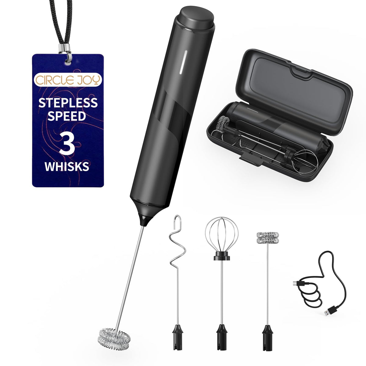 CIRCLE JOY Rechargeable Handheld Milk Frother Wand with 3 Variable Speeds, 3 Whisks and Storage Box, Electric Drink Mixer for Latte, Cappuccino, Hot Chocolate, Eggs and Protein Powder, Black