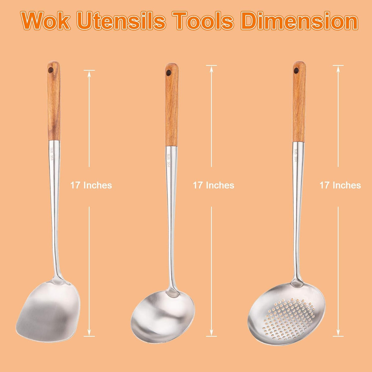 FJNATINH Wok Spatula and Ladle,Skimmer Ladle Tool Set, 17inches Spatula for Wok, 304 Stainless Steel Cooking Utensils