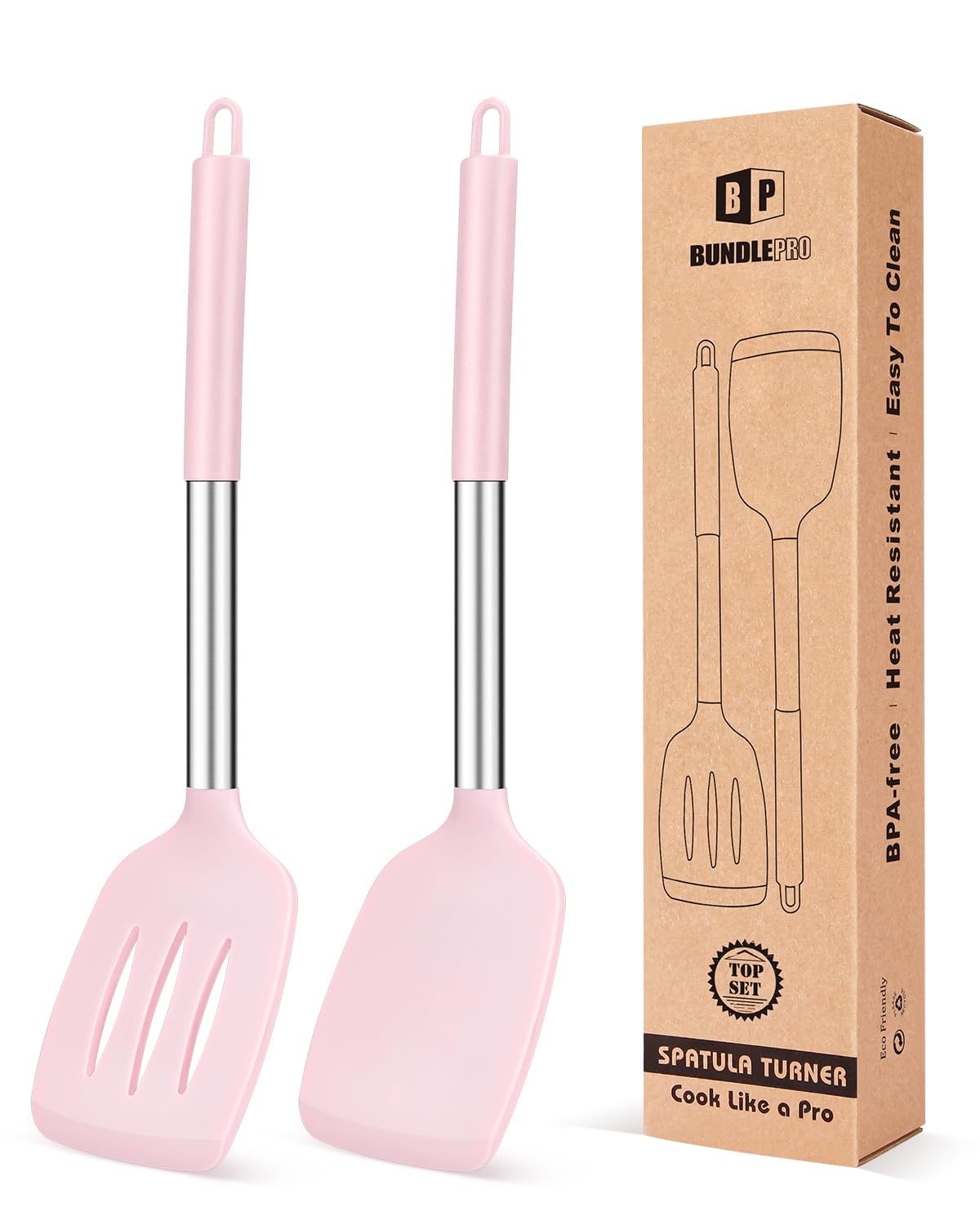 Pack of 2 Silicone Solid Turner, Non Stick Slotted Kitchen Spatulas, High Heat Resistant BPA Free Cooking Utensils, Ideal Cookware for Fish, Eggs, Pancakes(Green)