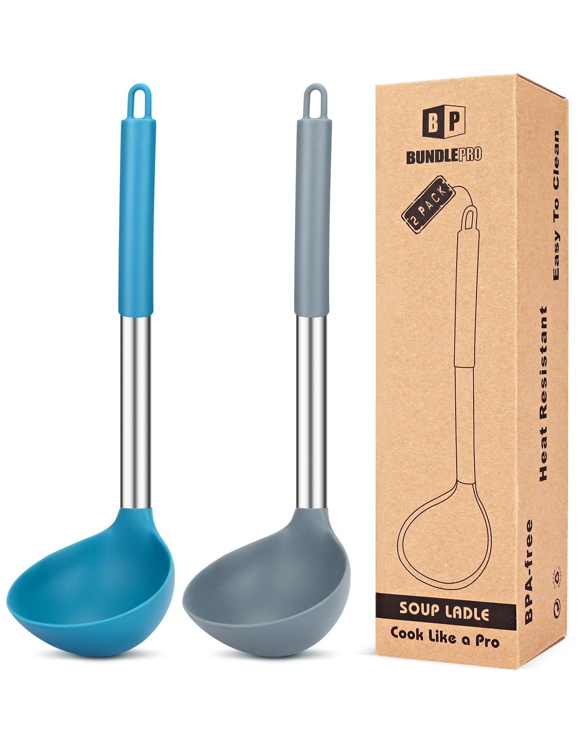 BUNDLEPRO Silicone Soup Ladle Spoon Kitchen Utensils, 2 Pack, Grey-Blue