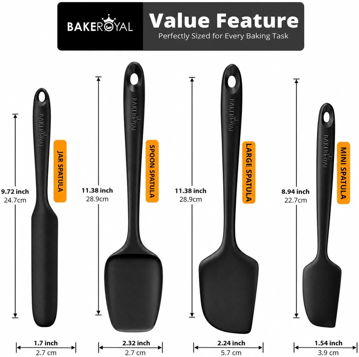 BakeRoyal Silicone Spatula Set, 600°F Heat Resistant, 4 Piece BPA-Free Food Grade Silicone Kitchen Utensils Set for Baking, Cooking & Mixing, Non Stick Silicone Cooking Utensils Set - Black
