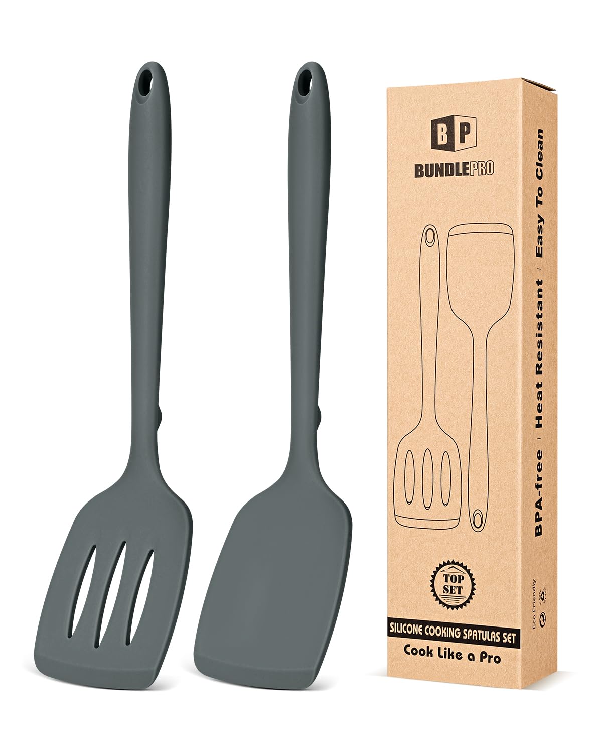 BUNDLEPRO Silicone Spatula, Solid & Slotted Turner, One-Piece, 2 Pack,Khaki