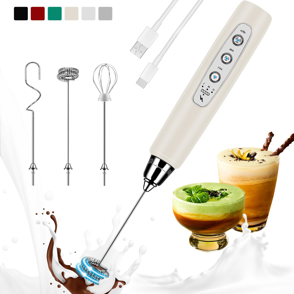 Colarlemo Milk Frother Handheld Rechargeable, Frother Wand Drink Mixer Electric Whisk for Coffee, Detachable With 3 Stainless Whisks, Hand Mixer for Lattes, Cappuccino, Matcha, Egg, No Stand,Black