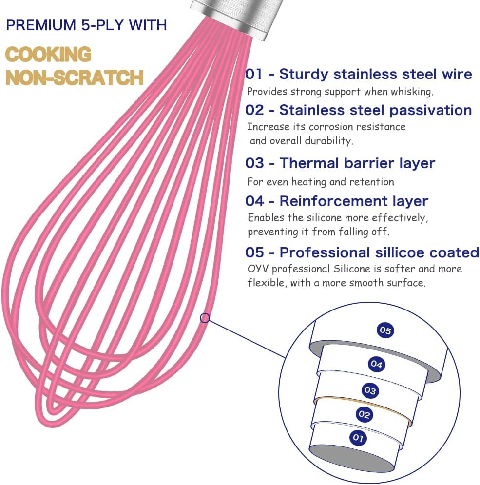 OYV Pink Silicone Whisk Set of 3, 8/10/12 Inch, Non-Scratch