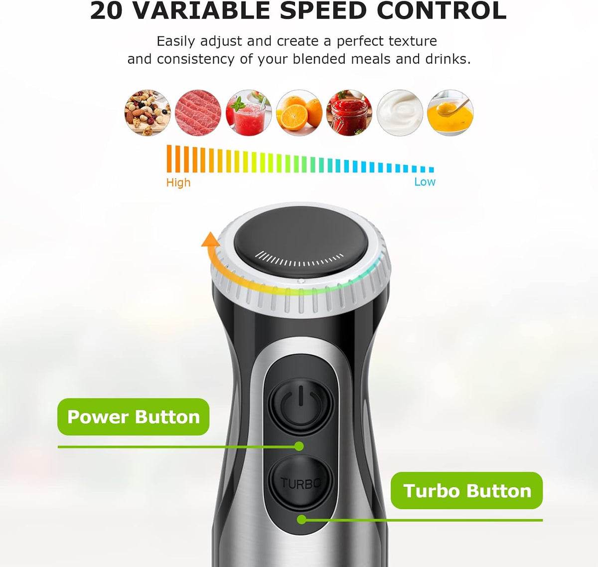 Bonsenkitchen 2-in-1 Immersion Handheld Blender with 20 Speeds & Turbo Mode