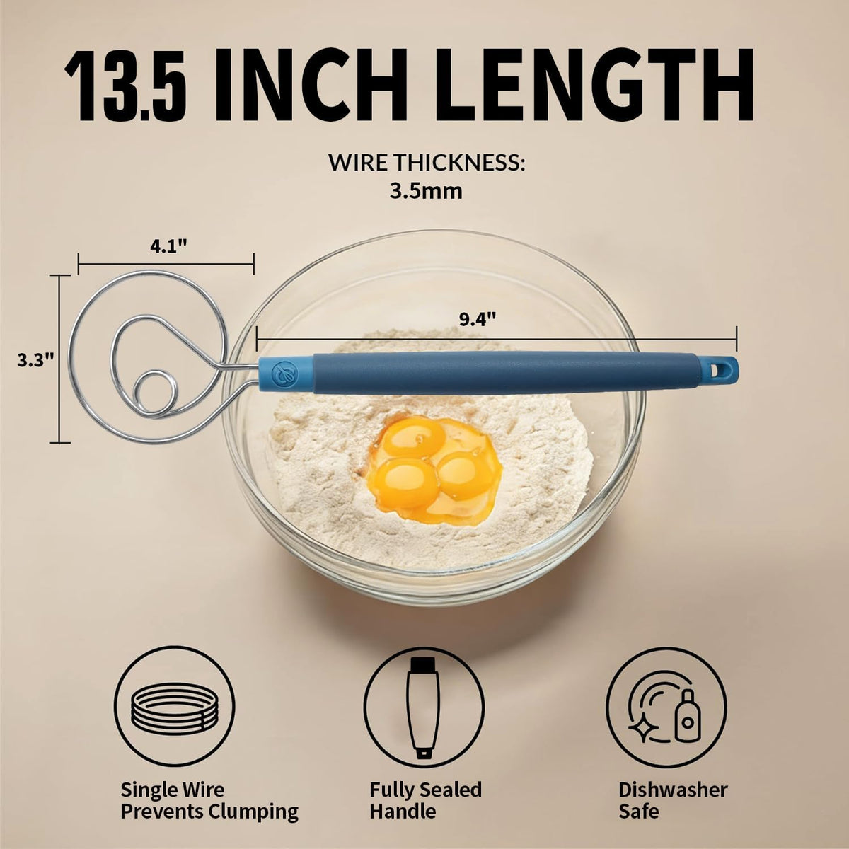 Danish Dough Whisk Heavy Duty 13.5" - Dishwasher-Safe Baking Tool (Blue)