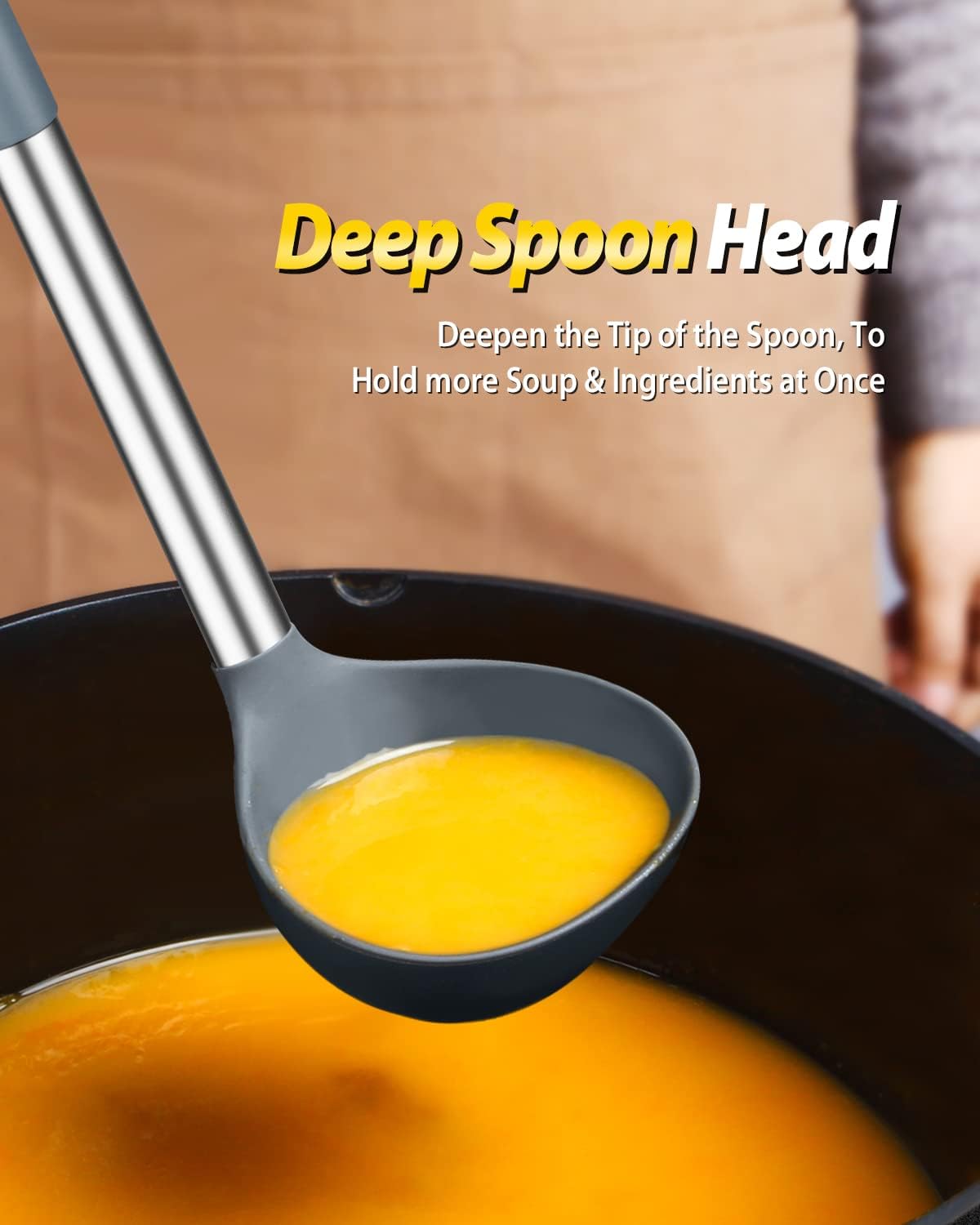 BUNDLEPRO Silicone Soup Ladle and Pasta Spoon Set, 2 Pack, Gray
