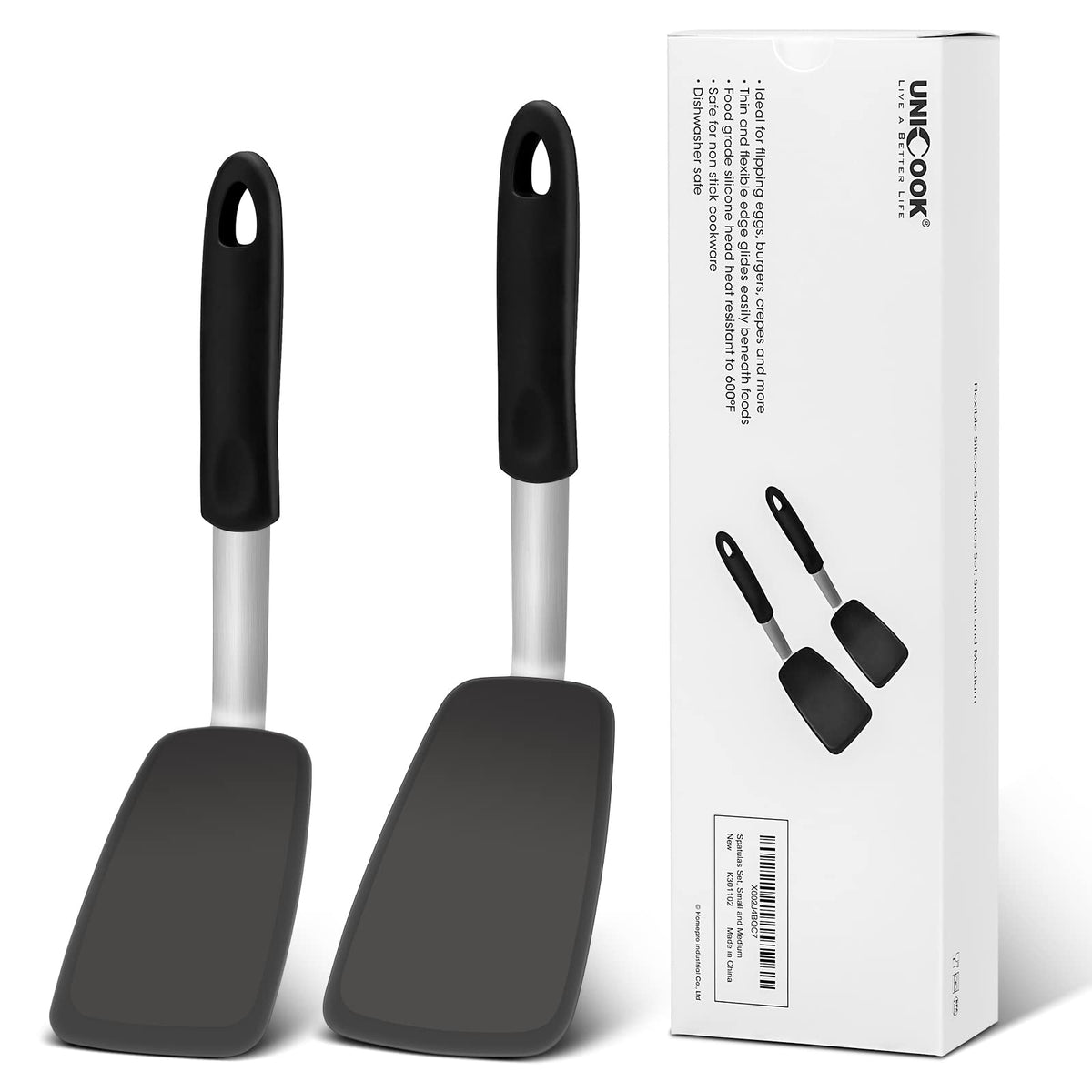 Unicook 2-Piece Silicone Spatula Turner Set for Everyday Cooking, Black