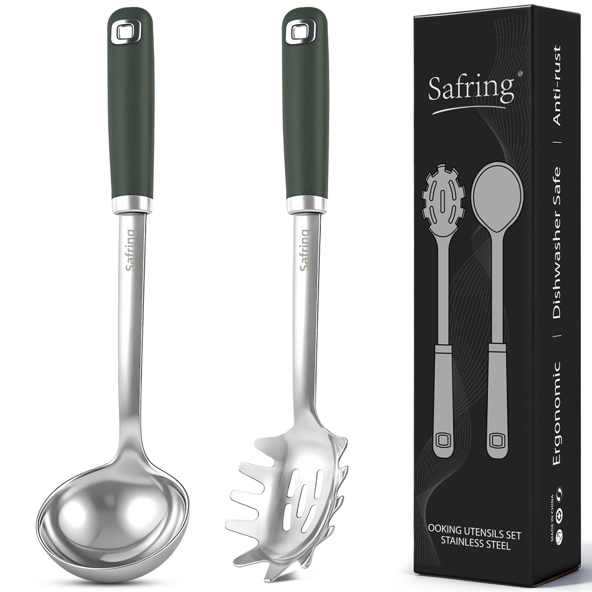 Safring Stainless Steel Soup Ladle and Spaghetti Spoon Set, Heat Resistant Rubber Handle, Dishwasher Safe, Kitchen Utensils for Cooking, Stirring, Serving Pasta, Soup & Sauce