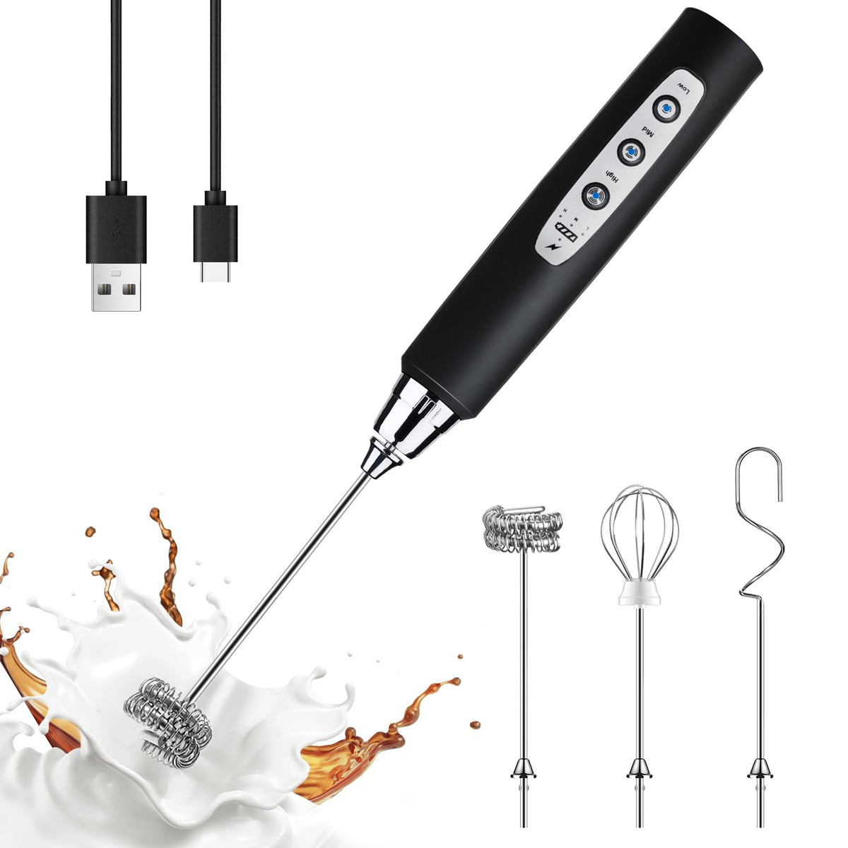 YUSWKO Handheld Milk Frother Wand for Coffee, Rechargeable Electric Whisk