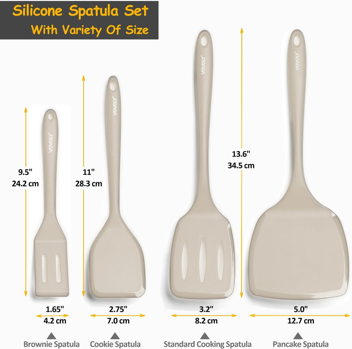 Silicone Spatula Set, 600°F Heat Resistant Kitchen Utensils, 4-Pcs, Khaki