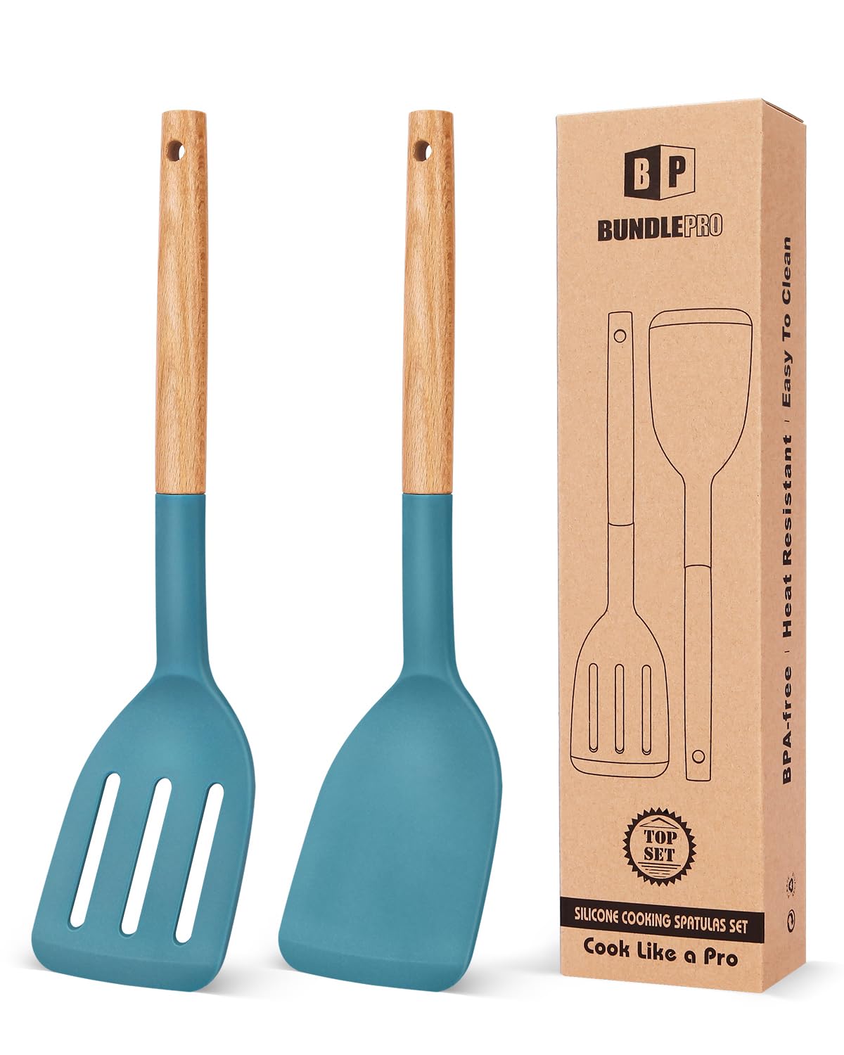 BUNDLEPRO Silicone Spatula, Solid & Slotted Turner, BPA-Free, 2 Pack, Khaki
