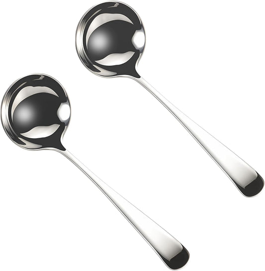Small Soup Ladles,Sauce Gravy Soup Spoon Ladles,2 Pack SUS 304 Non-magnetic Stainless Steel 7.6" Round (Color:Silver).