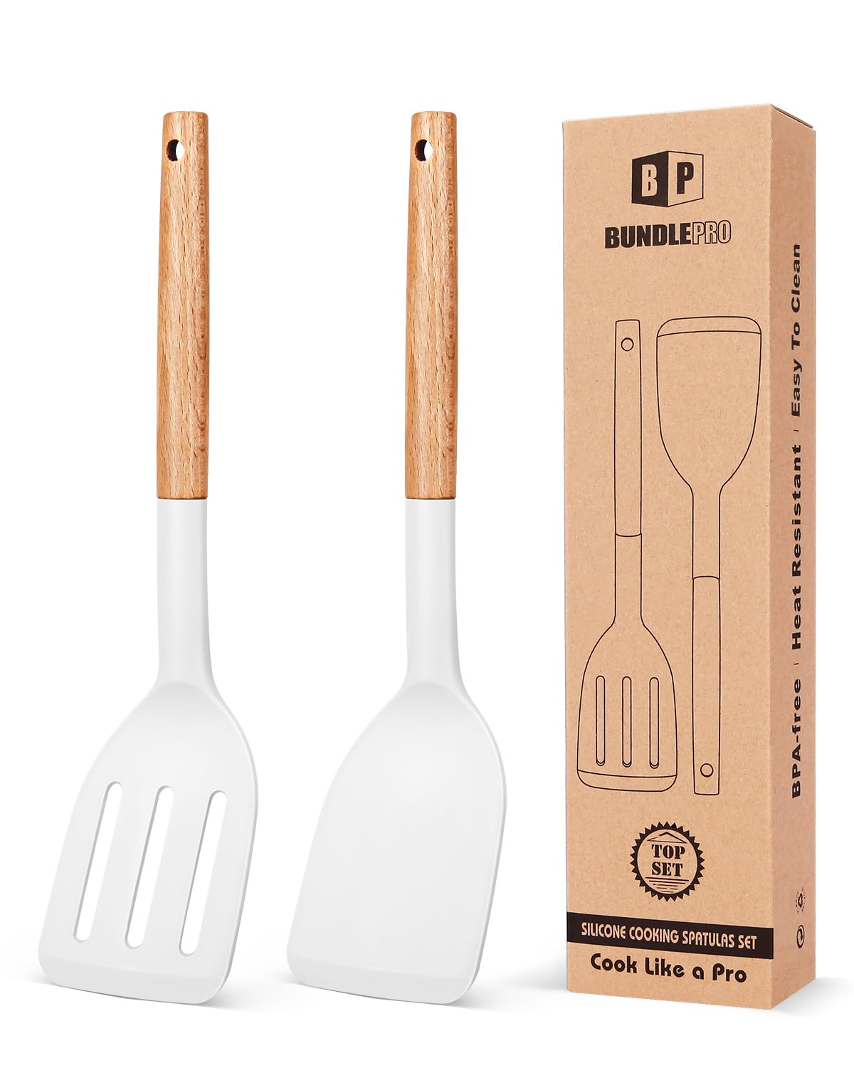 BUNDLEPRO Silicone Spatula, Solid & Slotted Turner, BPA-Free, 2 Pack, Khaki