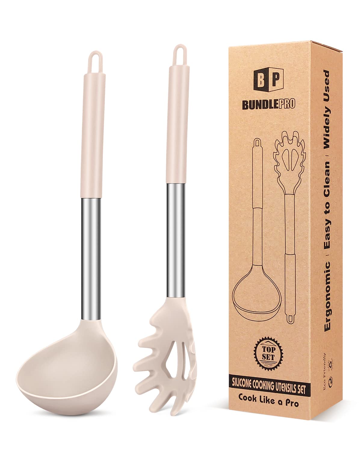 BUNDLEPRO Silicone Soup Ladle and Pasta Spoon Set, 2 Pack, Gray