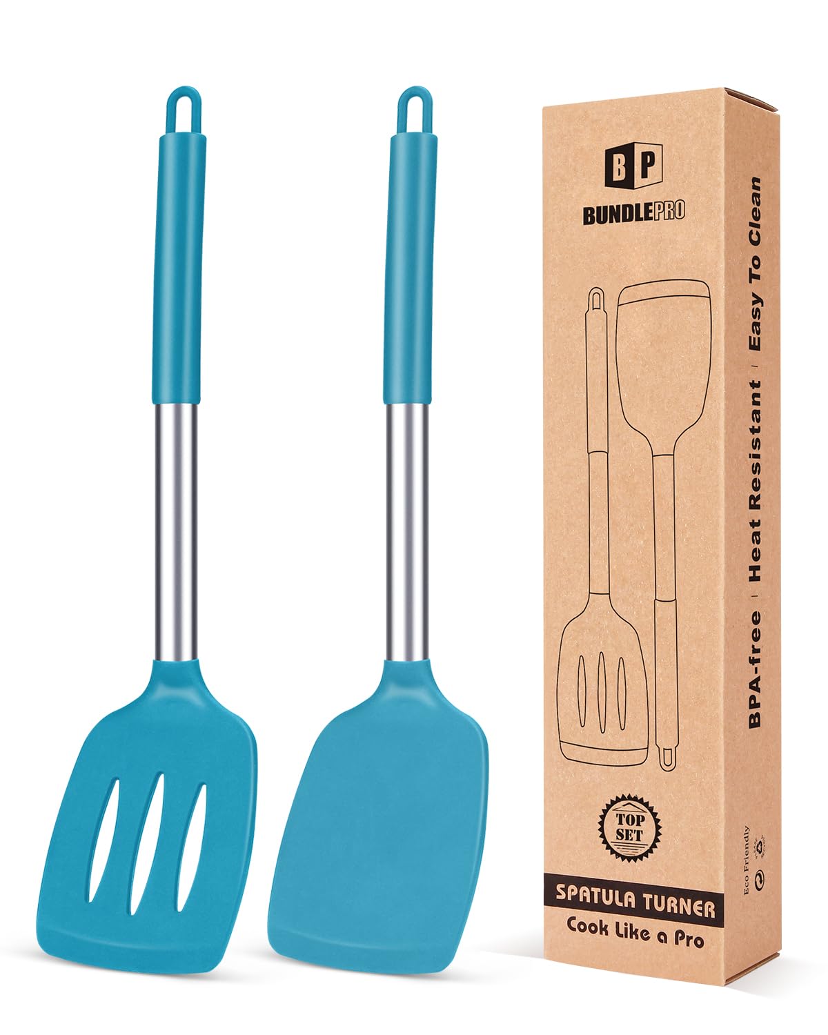 Pack of 2 Silicone Solid Turner, Non Stick Slotted Kitchen Spatulas, High Heat Resistant BPA Free Cooking Utensils, Ideal Cookware for Fish, Eggs, Pancakes(Stainless Steel Khaki)