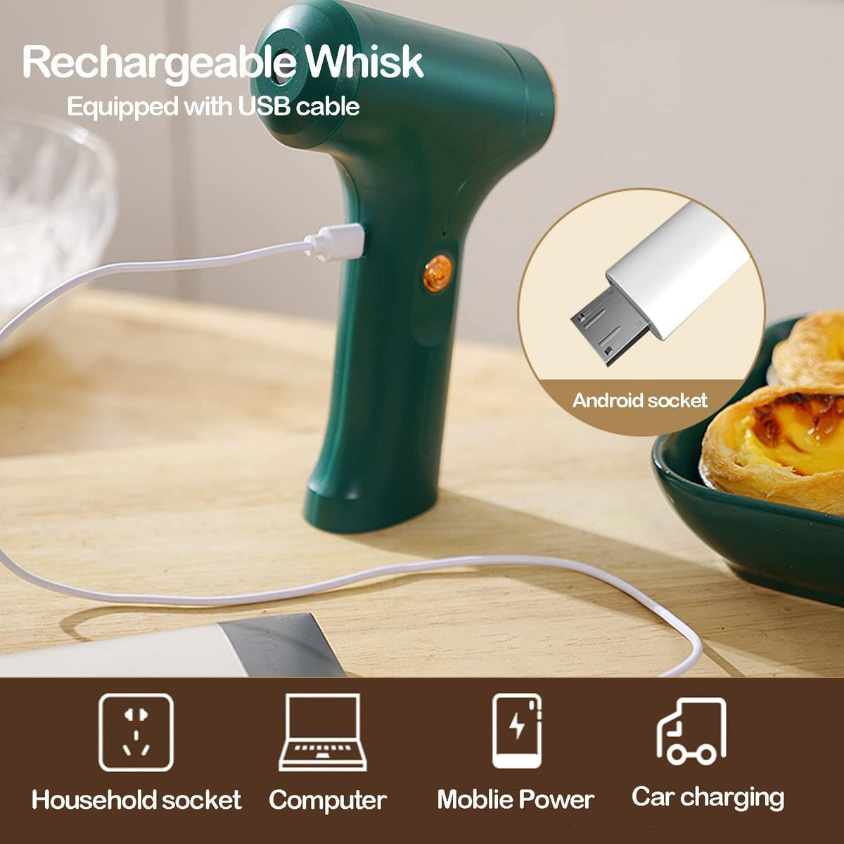 Electric Hand Whisk, USB Rechargeable, Wireless Portable Egg Beater with 2 Detachable Whisks with 3 Speed Modes for Eggs/Milkshake Cream/Butter/Baby Food, Fit for Kitchen/Camping/Gifts (Green)