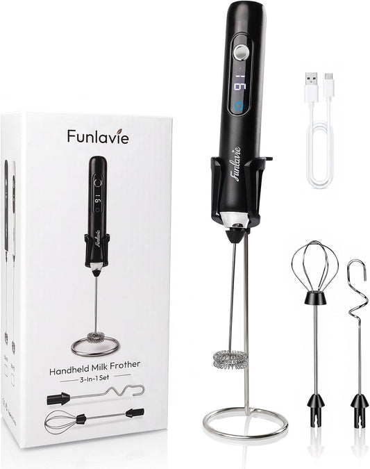 Rechargeable Handheld Milk Frother Wand with 3 Detachable Heads