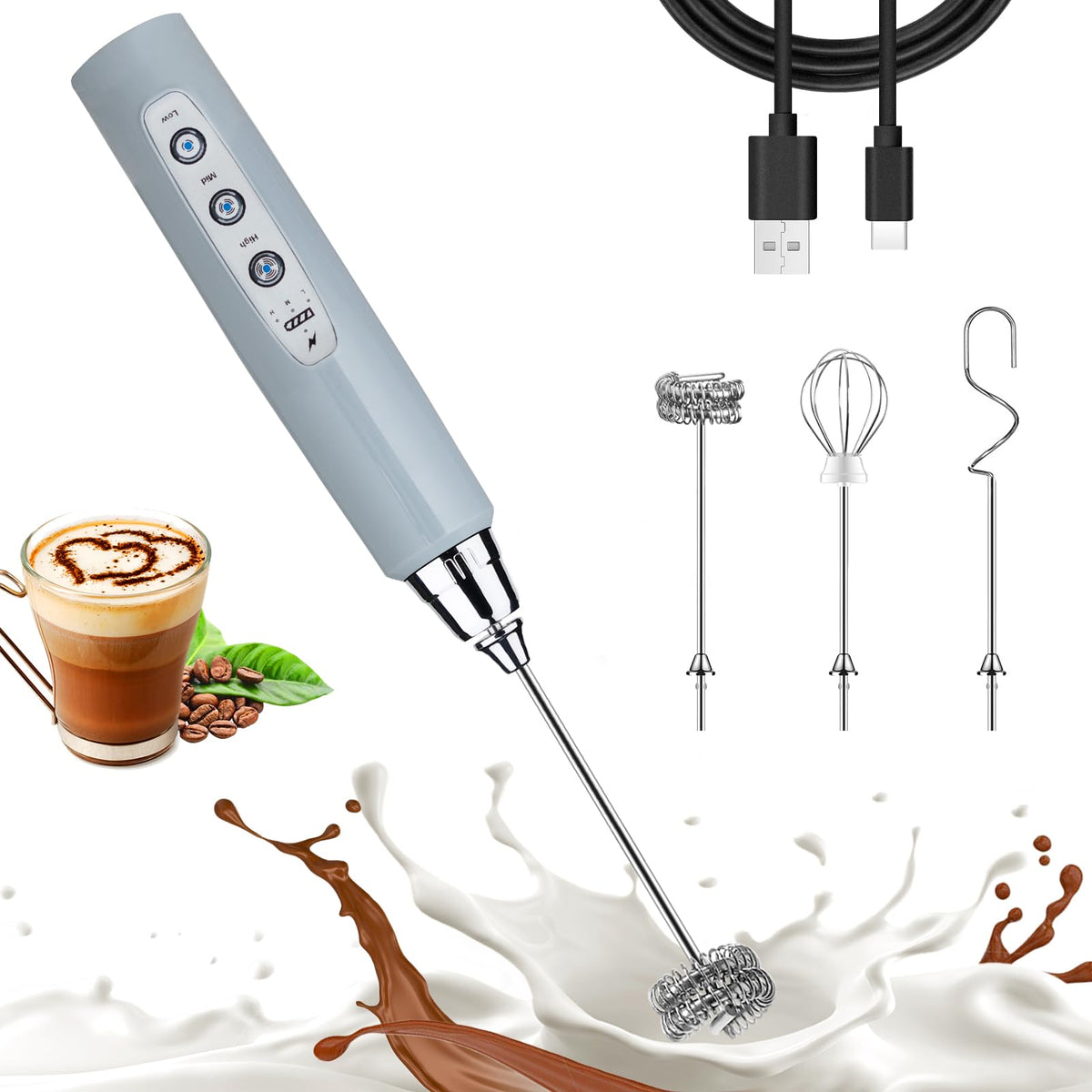 Nahida Black Milk Frother Wand for Coffee, Frother Handheld Rechargeable Electric Whisk Drink Mixer with 3 Heads 3 Speeds Coffee Frother Electric Stirrer For Latte, Cappuccino, Hot Chocolate