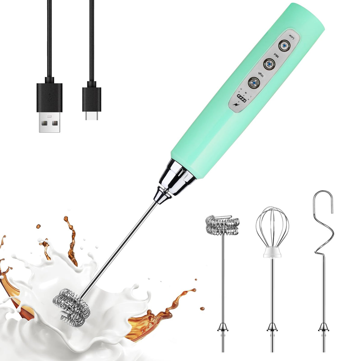 YUSWKO Handheld Milk Frother Wand for Coffee, Rechargeable Electric Whisk