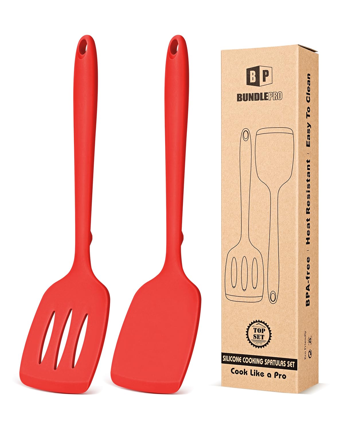 BUNDLEPRO Silicone Spatula, Solid & Slotted Turner, One-Piece, 2 Pack,Khaki