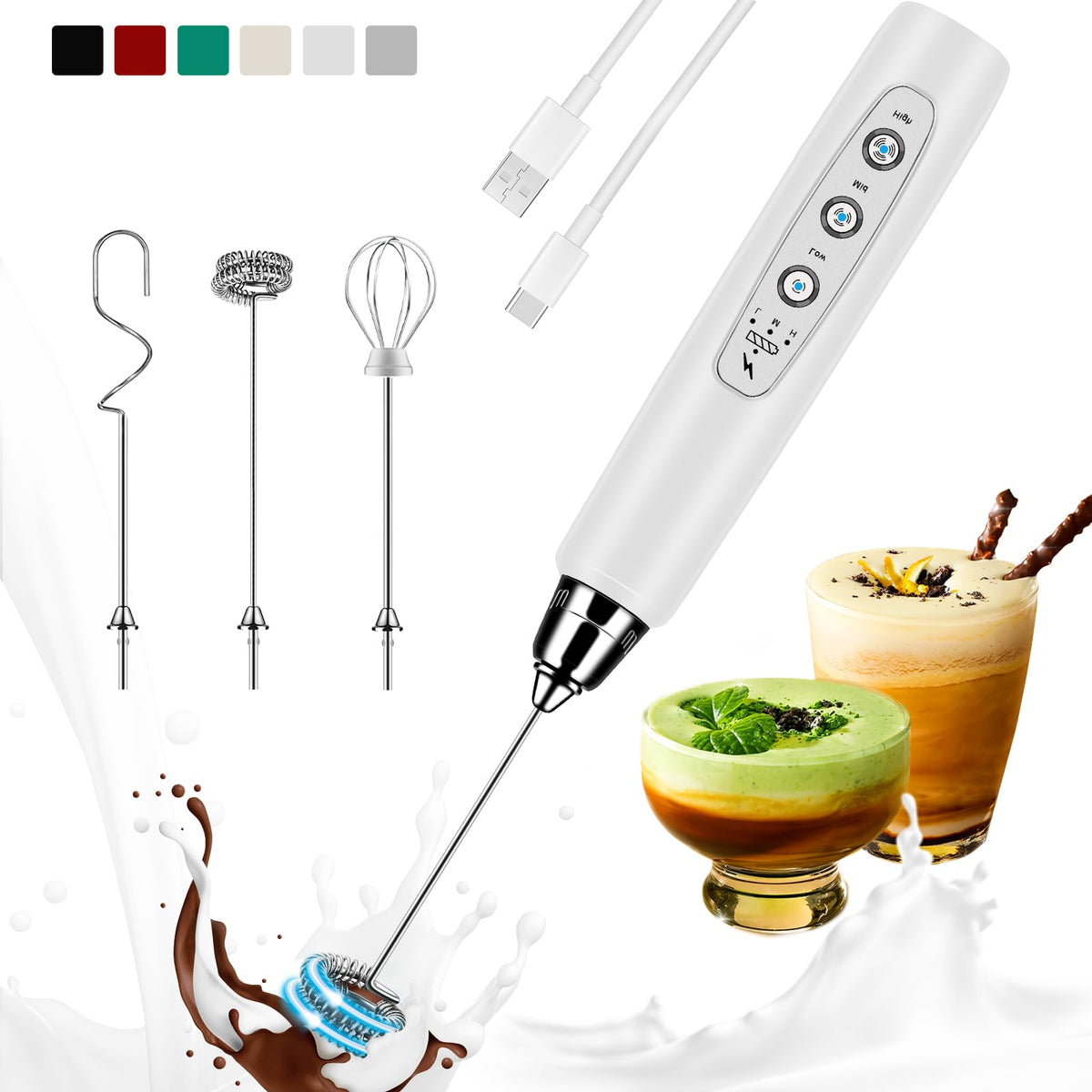 Colarlemo Milk Frother Handheld Rechargeable, Frother Wand Drink Mixer Electric Whisk for Coffee, Detachable With 3 Stainless Whisks, Hand Mixer for Lattes, Cappuccino, Matcha, Egg, No Stand,Black