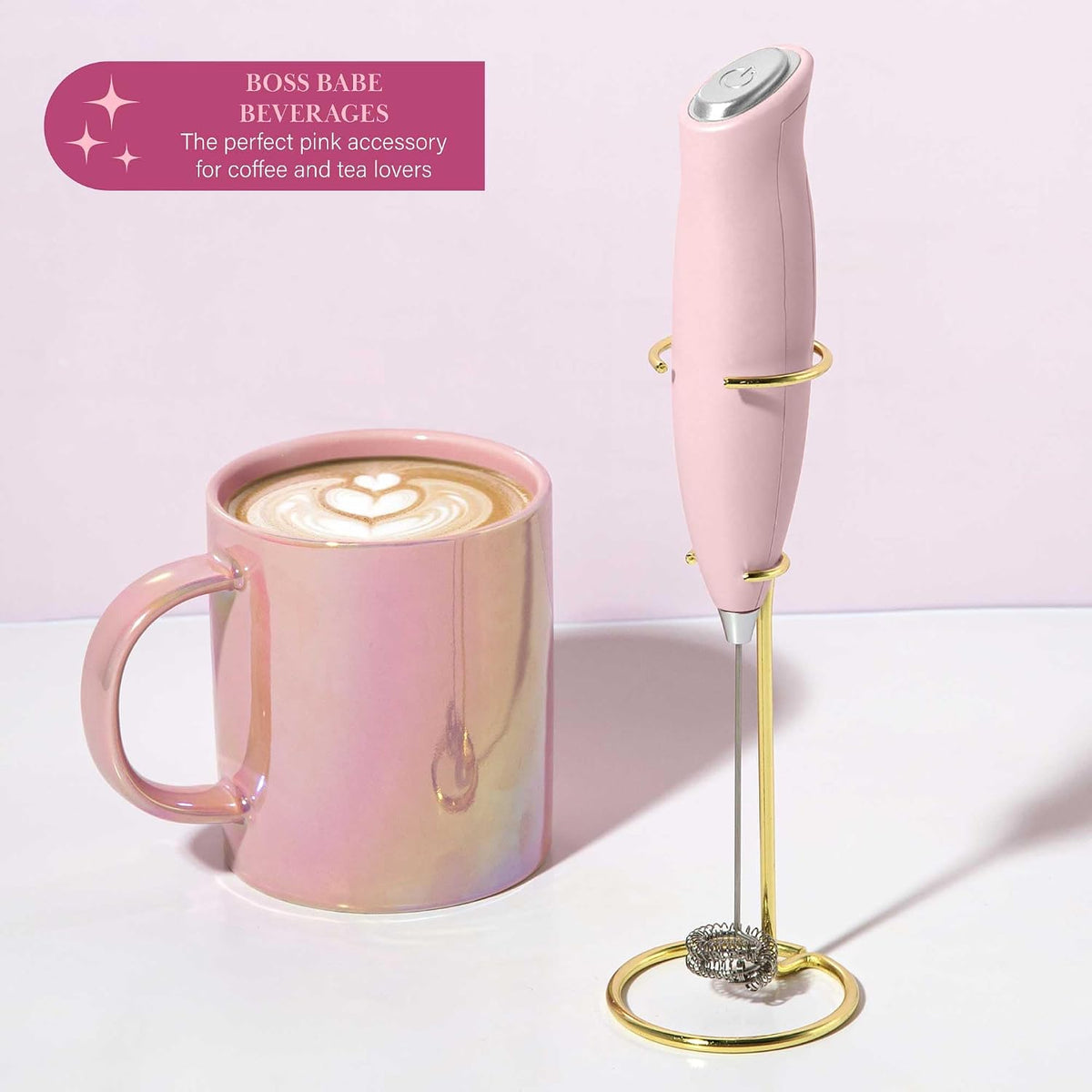 Paris Hilton Electric Handheld Milk Frother with Double Coil Head Whisk and Gold Metal Stand, Battery Powered (2 AA Batteries Required but Not Included), Pink