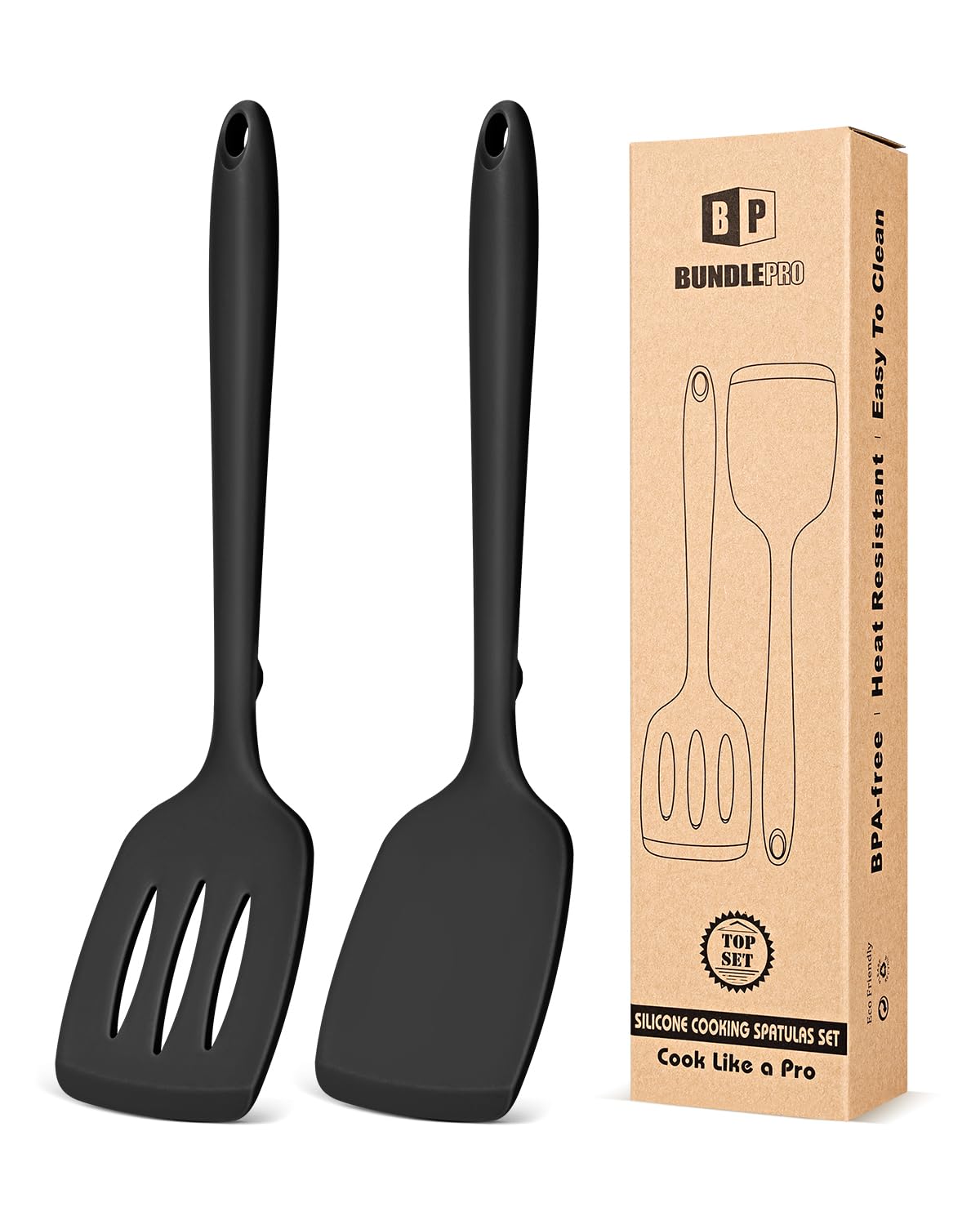 BUNDLEPRO Silicone Spatula, Solid & Slotted Turner, One-Piece, 2 Pack,Khaki