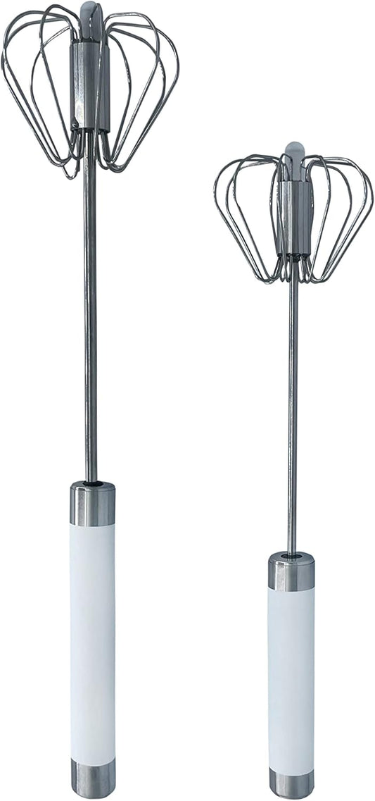 Stainless Steel Push Whisk - Easy to Use Manual Hand Mixer & Plunger Whisk - Make Froth, Foam & Whipped Cream - Semi Auto Egg Beater Plastic Tip Won’t Scratch Pans (2 Pack 10in & 12in) WHITE