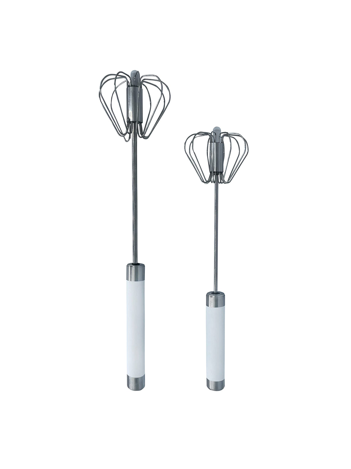 Stainless Steel Push Whisk - Easy to Use Manual Hand Mixer & Plunger Whisk - Make Froth, Foam & Whipped Cream - Semi Auto Egg Beater Plastic Tip Won’t Scratch Pans (2 Pack 10in & 12in) WHITE