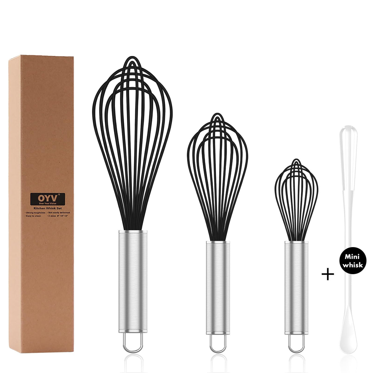 OYV Pink Silicone Whisk Set of 3, 8/10/12 Inch, Non-Scratch