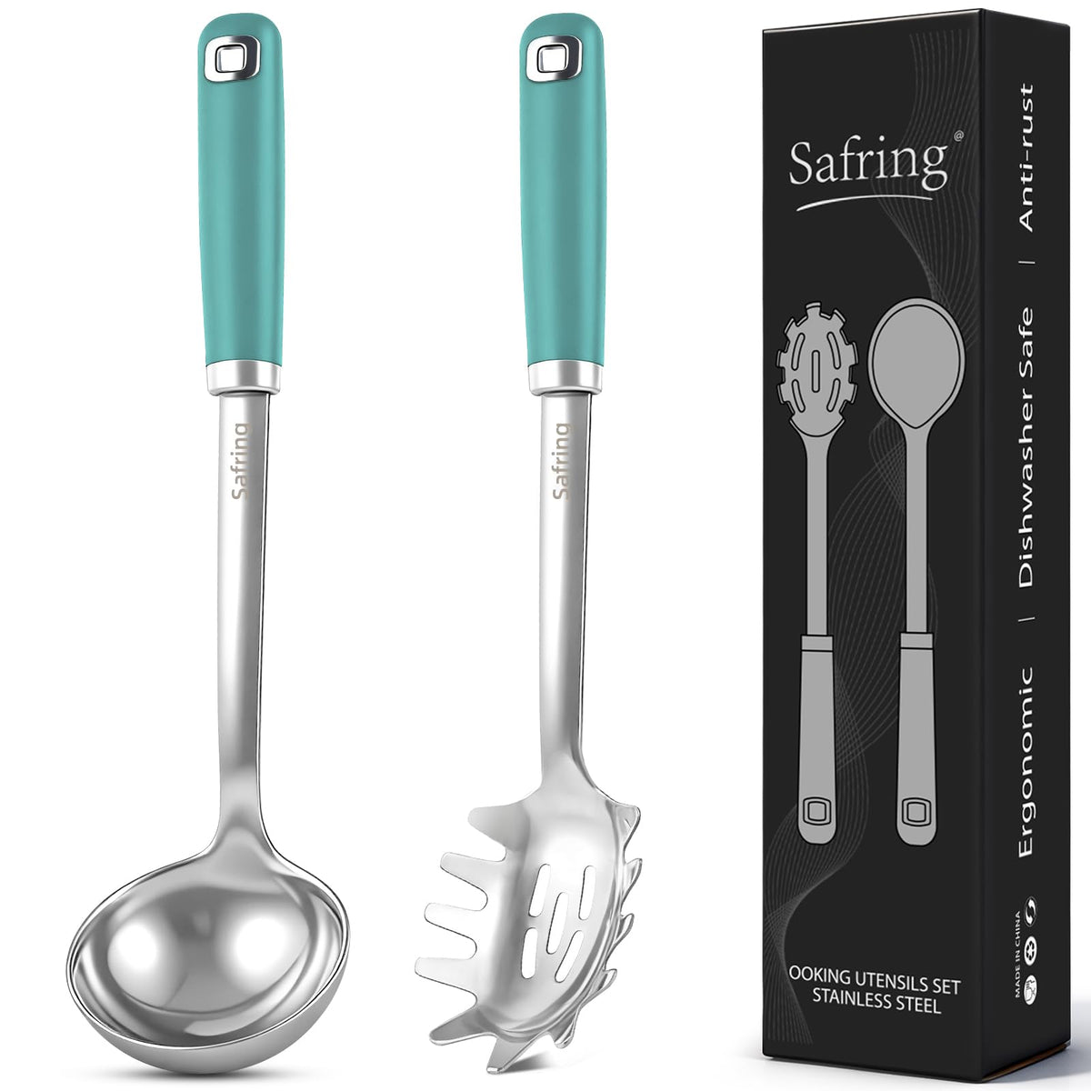 Safring Stainless Steel Soup Ladle and Spaghetti Spoon Set, Heat Resistant Rubber Handle, Dishwasher Safe, Kitchen Utensils for Cooking, Stirring, Serving Pasta, Soup & Sauce