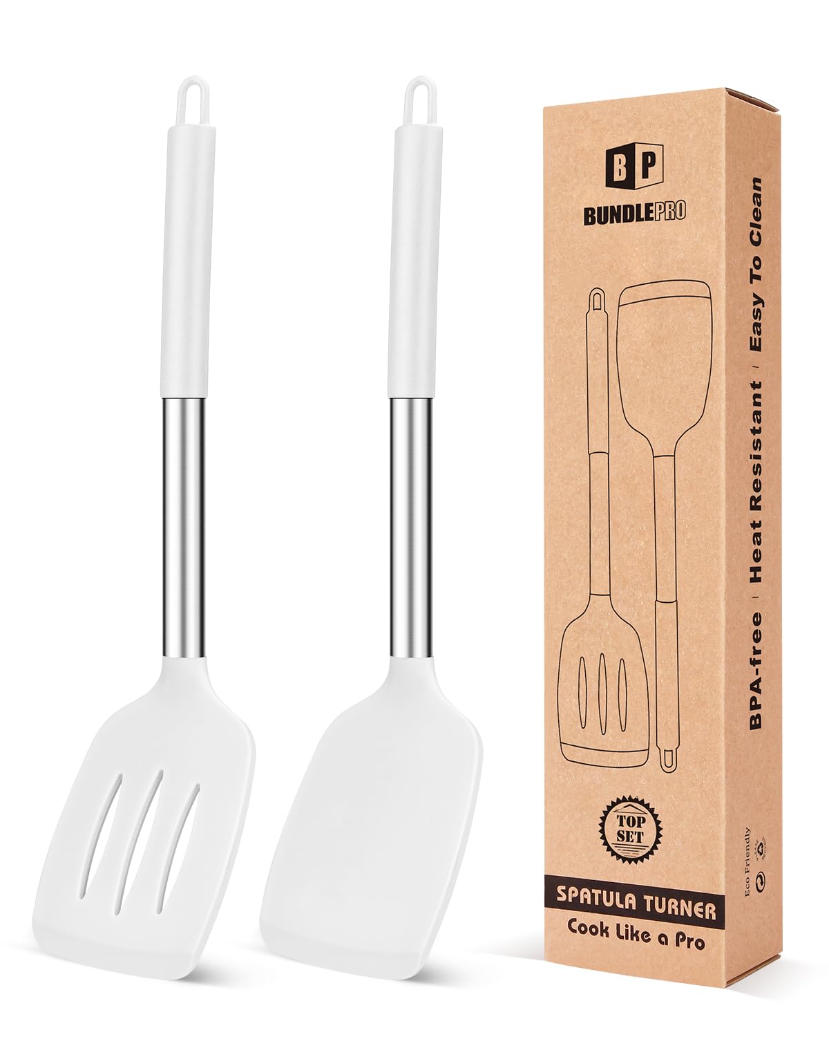 Pack of 2 Silicone Solid Turner, Non Stick Slotted Kitchen Spatulas, High Heat Resistant BPA Free Cooking Utensils, Ideal Cookware for Fish, Eggs, Pancakes(Green)