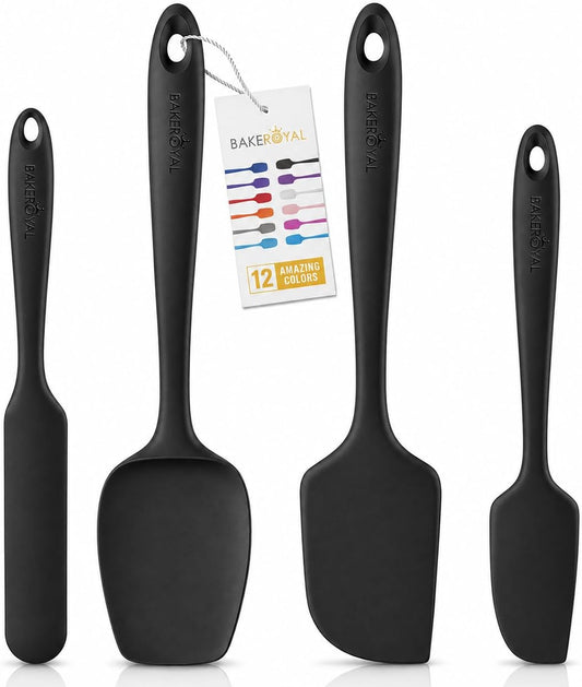 BakeRoyal Silicone Spatula Set, 600°F Heat Resistant, 4 Piece BPA-Free Food Grade Silicone Kitchen Utensils Set for Baking, Cooking & Mixing, Non Stick Silicone Cooking Utensils Set - Black