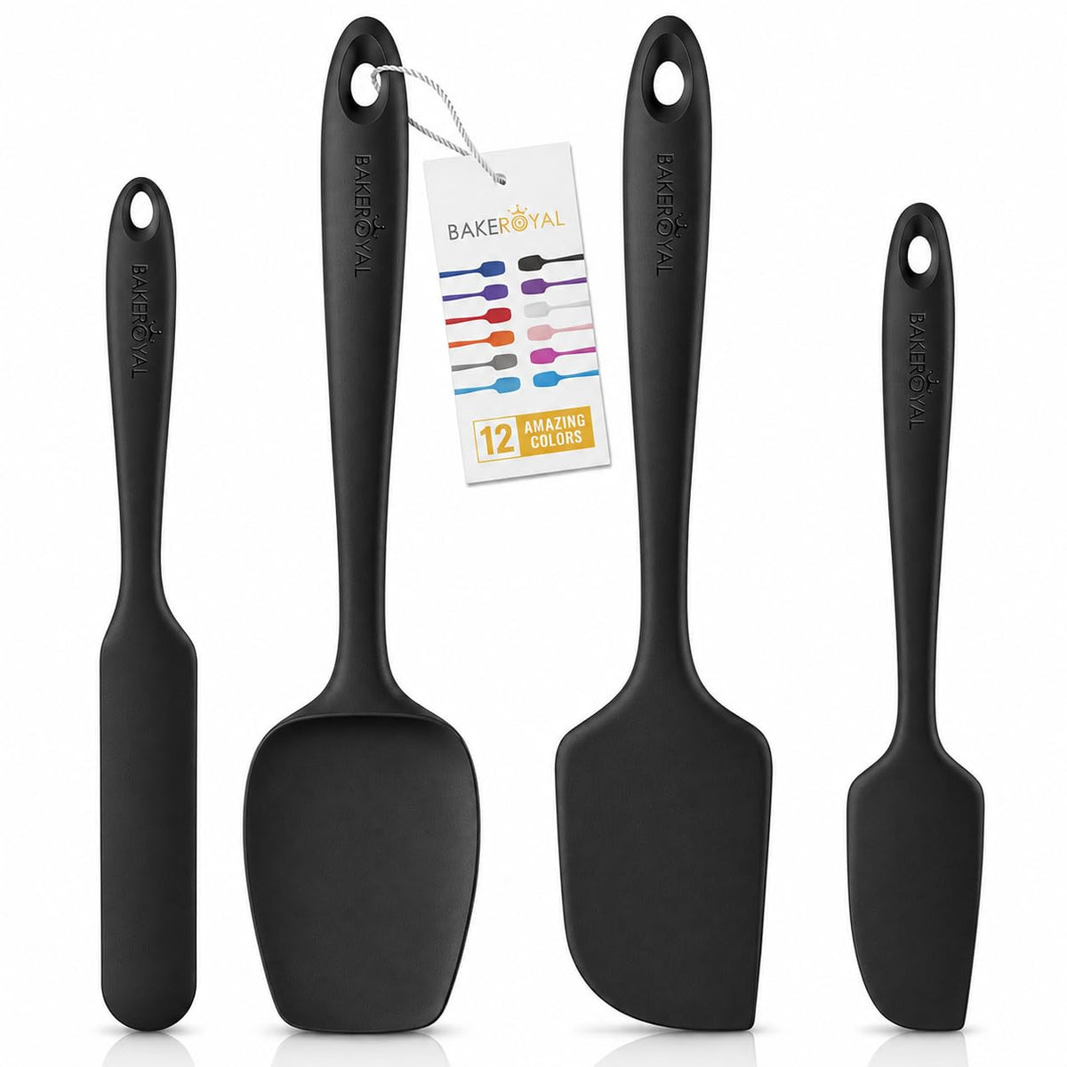 BakeRoyal Silicone Spatula Set, 600°F Heat Resistant, 4 Piece BPA-Free Food Grade Silicone Kitchen Utensils Set for Baking, Cooking & Mixing, Non Stick Silicone Cooking Utensils Set - Black