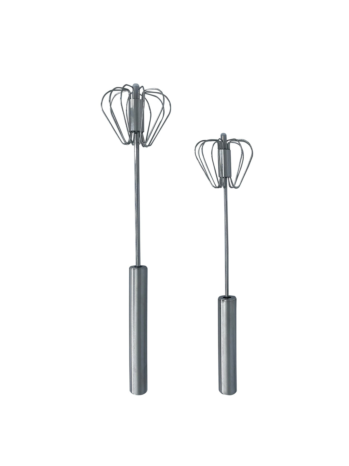 Stainless Steel Push Whisk - Easy to Use Manual Hand Mixer & Plunger Whisk - Make Froth, Foam & Whipped Cream - Semi Auto Egg Beater Plastic Tip Won’t Scratch Pans (2 Pack 10in & 12in) WHITE