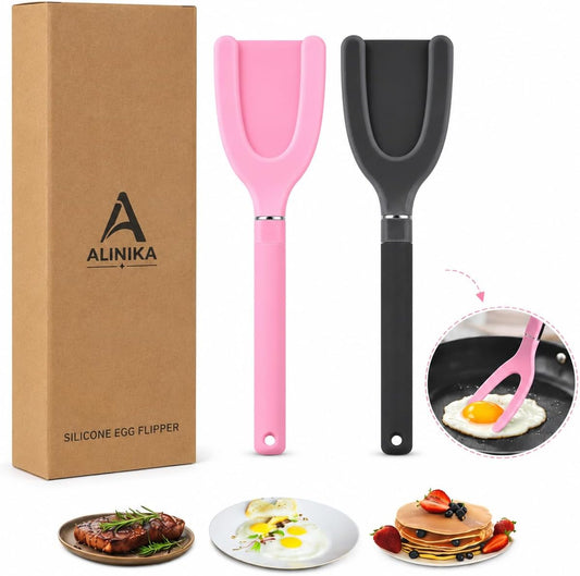 Egg Flipper Spatula Tongs, 2-in-1 Grip & Flip Kitchen Tongs, Non-Stick Silicone Spatula for Eggs, Pancakes, Fish, Omelets & Burgers, Heat Resistant Cooking Utensils, Set of 2