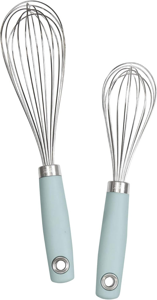Tovolo Wire Whisk Set of 2 for Baking Cooking Mixing Whisking, 10” & 12” Inch Stainless Steel Wire Kitchen Whisk Set Balloon Design Sturdy Comfort Grip Handle BPA Free Dishwasher Safe, Blue Haze