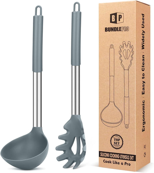 BUNDLEPRO Silicone Soup Ladle and Pasta Spoon Set, 2 Pack, Gray
