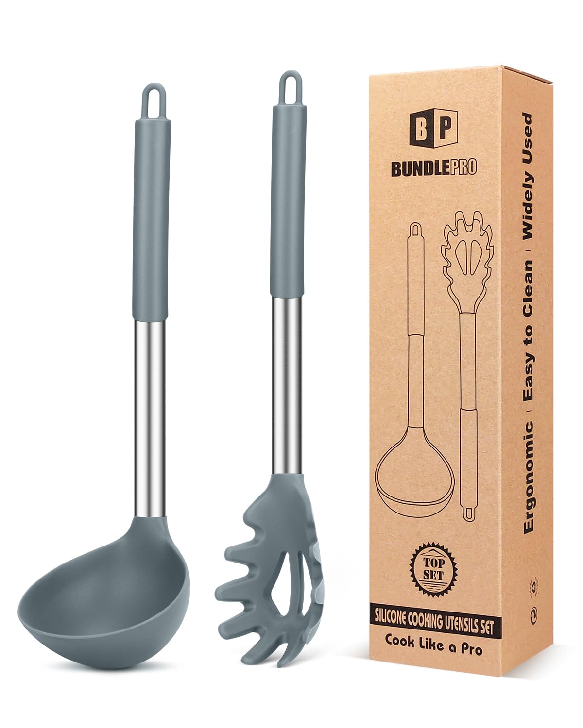 BUNDLEPRO Silicone Soup Ladle and Pasta Spoon Set, 2 Pack, Gray