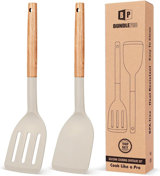 BUNDLEPRO Silicone Spatula, Solid & Slotted Turner, BPA-Free, 2 Pack, Khaki